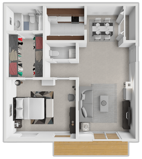 Floor plan for 1 bed, 1.5 baths, 789 sqft